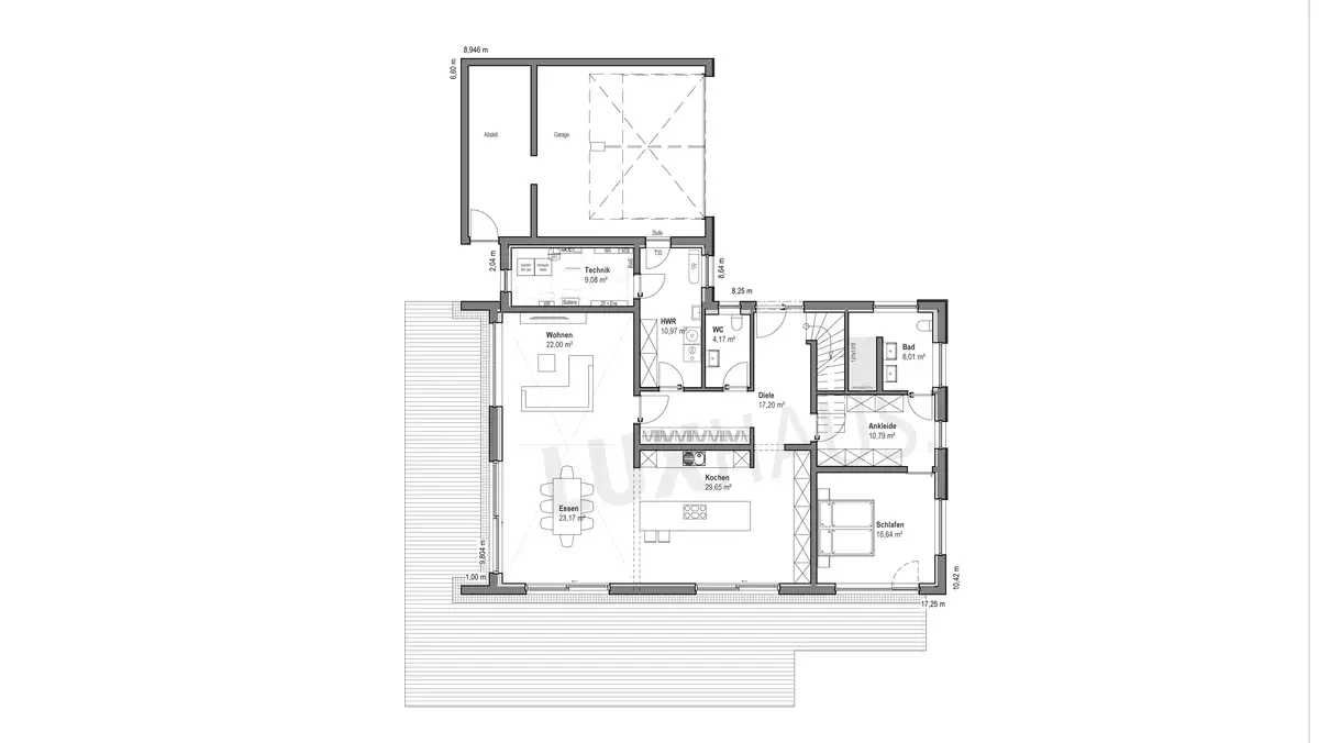Einfamilienhaus-Grundriss mit insgesamt 200m²  - hier abgebildet der Erdgeschoss-Grundriss