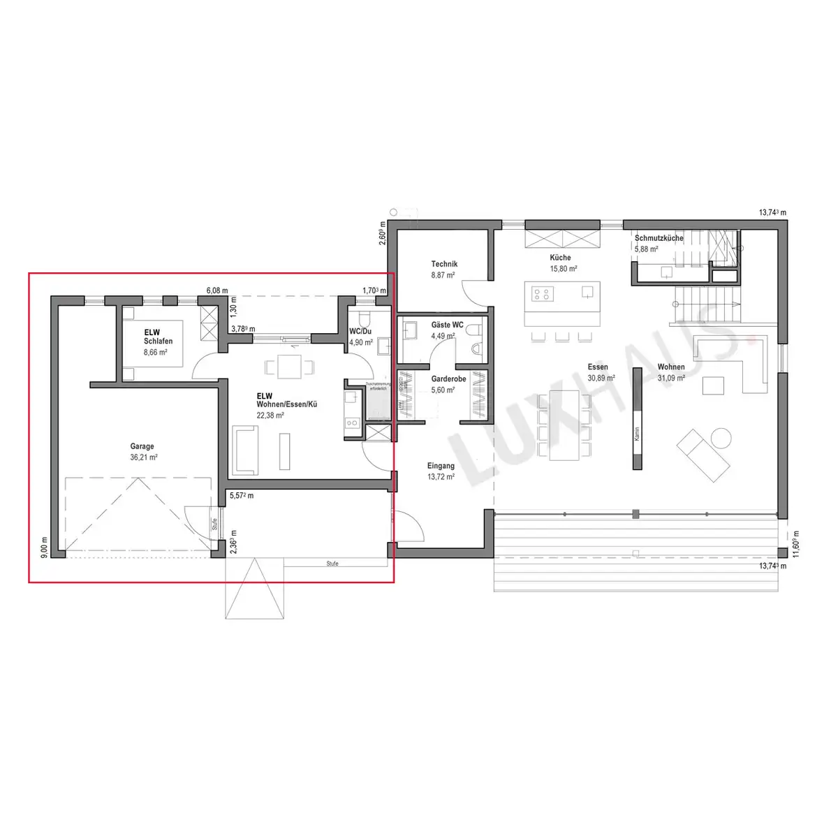 Erdgeschoss Grundriss des LUXHAUS Musterhaus Köln mit einer Einliegerwohnung, die derzeit als Büroabteil genutzt wird