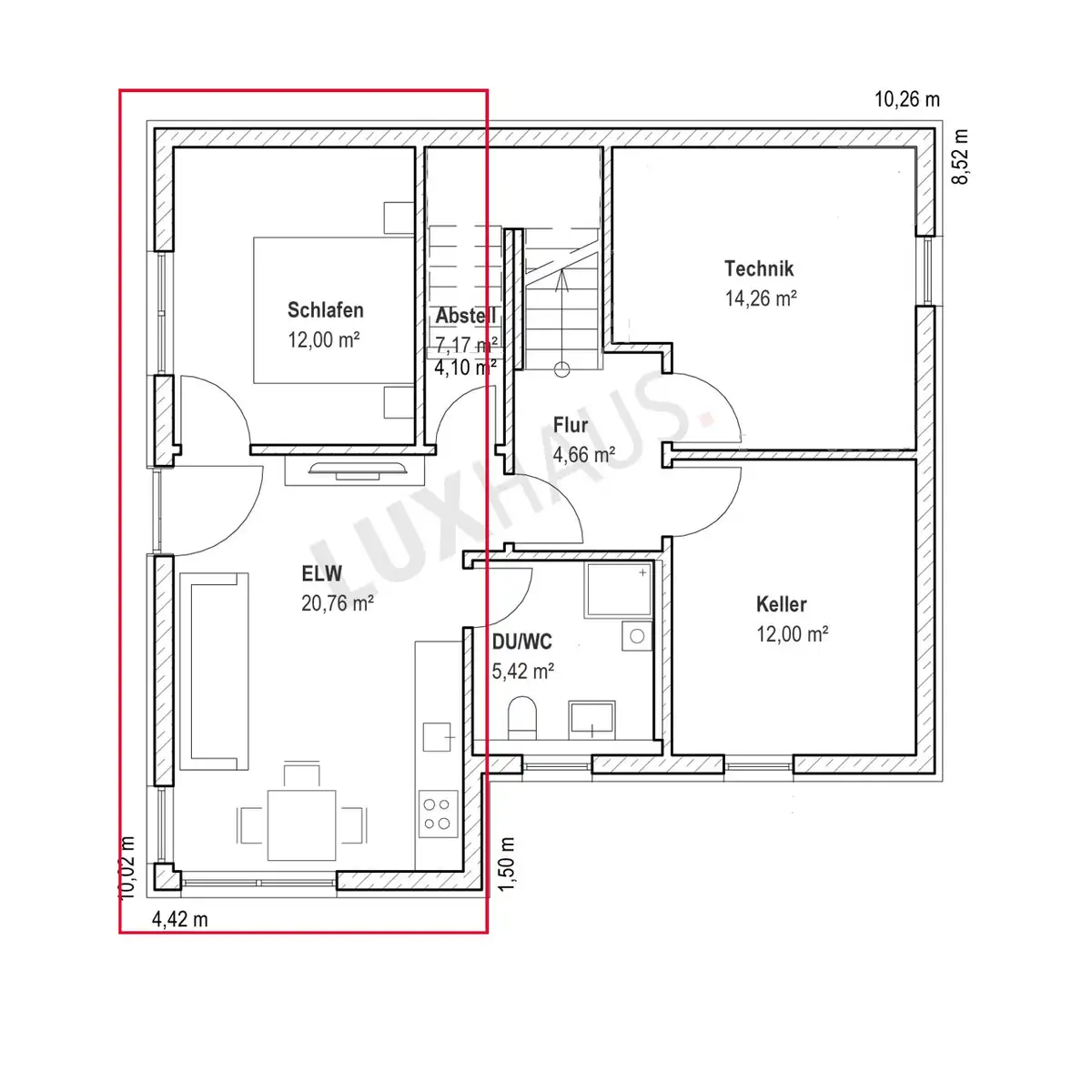 Keller-Grundriss des Satteldach Landhaus 178 mit Einliegerwohnung im Keller - diese ist rot gekennzeichnet im Grundriss
