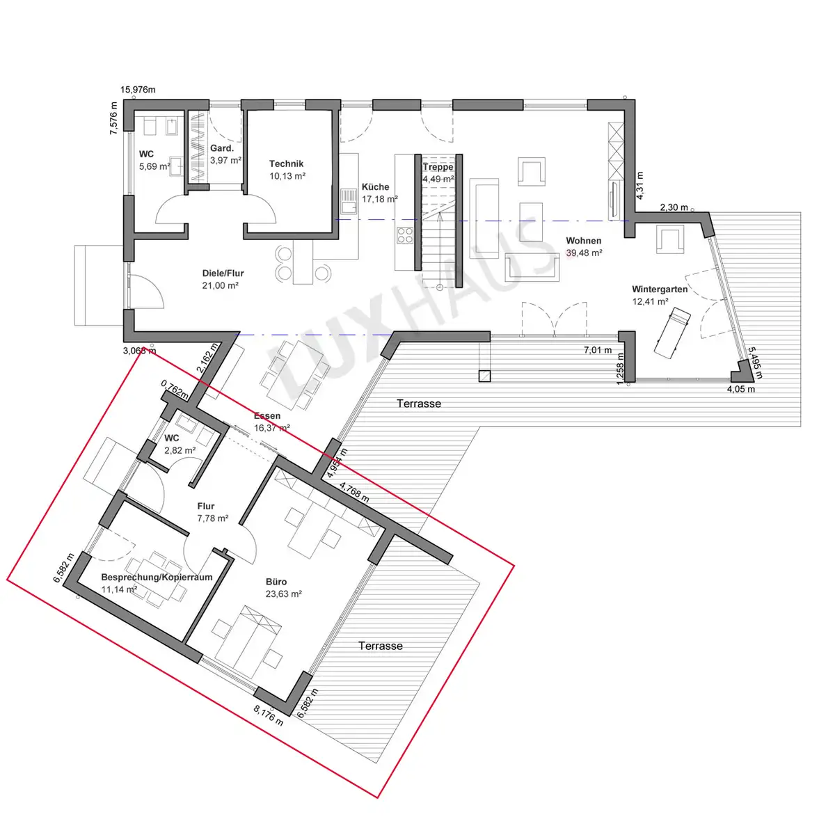 Erdgeschoss Grundriss des LUXHAUS Musterhauses in Georgensgmünd, der Anbau wurde ursprünglich als Einliegerwohnung geplant, derzeit für das Büro genutzt