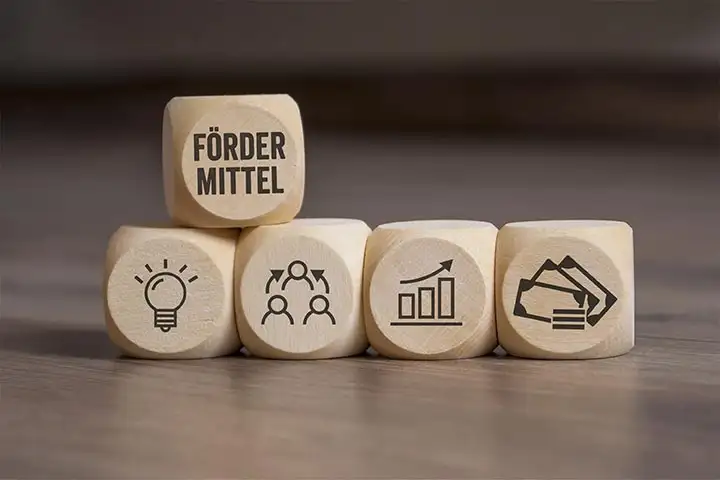 Ankündigung für das KfW-Programm 297/298 - mit fünf Holzwürfeln zu Förderthemen