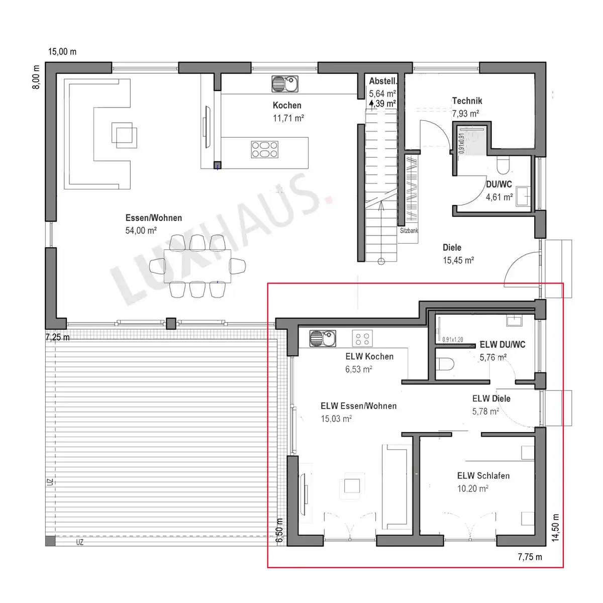 Grundriss eines Einfamilienhauses mit Einliegerwohnung im Erdgeschoss, die Einliegerwohnung wurde im rechten Teil des Hauses eingeplant, mit Zugang zur gemeinsamen Terrasse