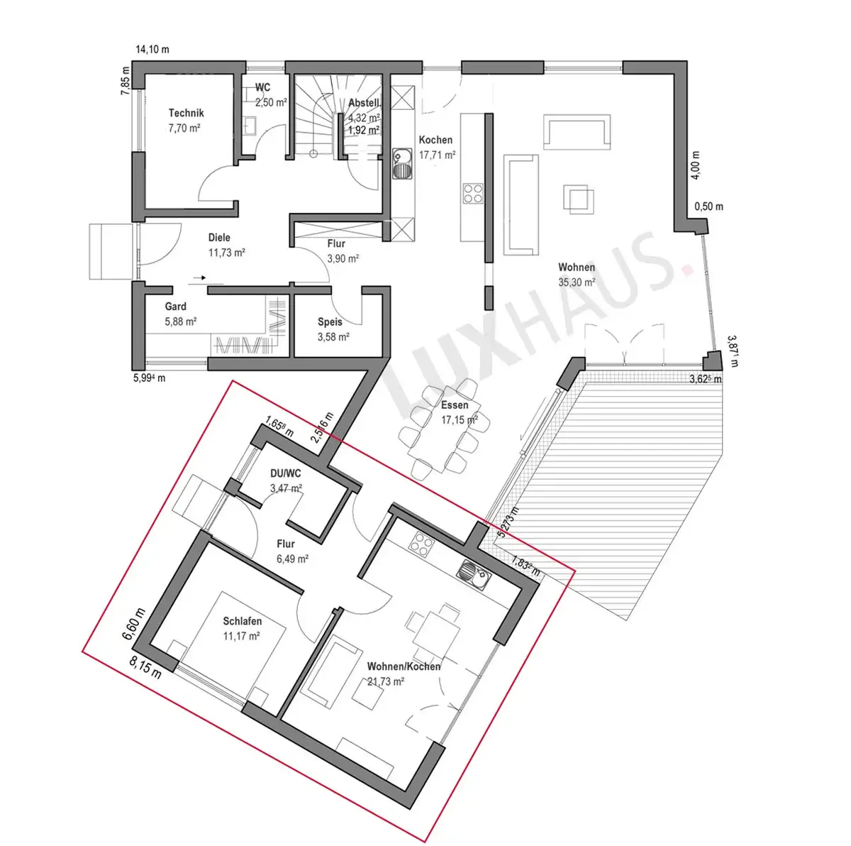 Einfamilienhausgrundriss mit 233qm Wohnfläche und einer roten Kennzeichnung um die Einliegerwohnung im rechten Teil des Erdgeschosses